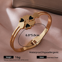 Clover 304 Stainless Steel Black Enamel Hinged Cuff Bangles for Women, Golden, Clover, Inner Diameter: 2.36 inch(6cm)