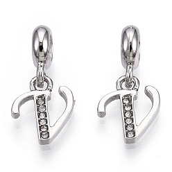 Letter V Европейские подвески с подвесками из платинового сплава со стразами, Подвески с большими отверстиями, буквы, без кадмия и без свинца, letter.v, 23~27 мм, отверстие : 4.5 мм, подвески: 13~16.5x6~14x2 мм, отверстие : 2 мм