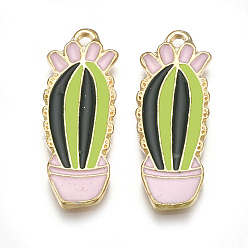 Light Green Alloy Enamel Pendants, Cactus, Light Gold, Light Green, 31x11x2mm, Hole: 1.5mm