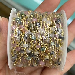 Смешанные камни Цепочки из бисера колонны из драгоценных камней ручной работы, с латунными цепочками для скрепок, с катушкой, долговечный, пайки, золотые, 5.5~6 мм