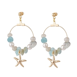 Amazonite Natural Amazonite Chip Beads Dangle Stud Earrings, Ring with Starfish Long Drop Earrings for Women, Golden, 60mm, Pin: 0.7mm, Beads: 7~12x5~10.5x2~6mm, Star: 17.5x15x2mm