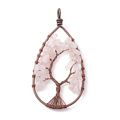 Rose Quartz Teardrop Natural Rose Quartz Copper Wire Wrapped Chip Big Pendants, Tree of Life Charm, with Red Copper Tone Iron Findings, 76~83x39~43x8mm, Hole: 5~6.2mm