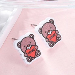 Медведь Деревянные серьги-гвоздики, с 304 гвоздями из нержавеющей стали, платина, медведь, 14x12 мм