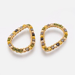 Светло-зеленый Коричневый Латунные соединительные колечки, с бисером, слеза, оливковый, 19x14x1.5 мм