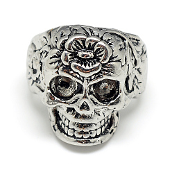 Argent Antique Bagues d'alliage, anneaux large bande, grosses bagues, crâne de sucre, pour le jour férié des morts au mexique, taille 9, argent antique, 19mm