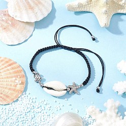 Черный Плетеные браслеты из бисера из натуральной раковины каури для женщин, черепаха и морская звезда, с нейлоновой нитью и бусинами из сплава в тибетском стиле, чёрные, внутренний диаметр: 2 дюйм(5см)~ 3-3/8 дюйм(8.7см)