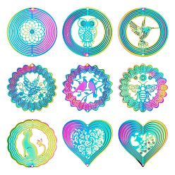 Rainbow Color 9 шт. 9 стили 201 соединительные элементы/звенья из нержавеющей стали, кольцо с полой птицей, гравированные металлические украшения, для самодельных ветряных вертушек, Радуга цветов, 49.5~50x50~51.5x0.2 мм, отверстие : 0.9~1.5 мм, 1 шт / стиль