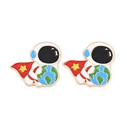 Red Space Astronauts Alloy Enamel Cabochons, with Self Adhesive Sticker, Light Gold, Red, 28x28.5x1.5mm