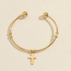 Golden 201 Stainless Steel Religion Cross Charm Open Cuff Torque Bangles for Women, Golden, Inner Diameter: 2.36 inch(6cm)