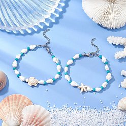 Белый 2шт 2 стили браслеты из ракушек и бусин, морская звезда и черепаха, с синтетическими бирюзовыми бусами, белые, 11-1/8 дюйм (28.3 см)
