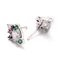 Mixed Color Paw Print Sparkling Cubic Zirconia Stud Earrings for Her, Platinum Brass Micro Pave Cubic Zirconia Earrings, Mixed Color, 14.5x9.5x3.5mm, Pin: 0.8mm