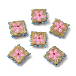 Темный Хаки Эмалевые бусины ручной работы в технике лэмпворк, неровный квадрат с цветком, Темный хаки, 17.5x17.5x7 мм, отверстие : 1~1.5 мм