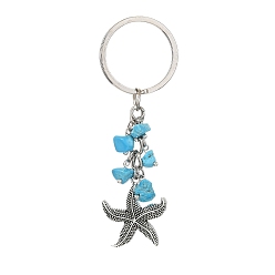Морская звезда Подвесные брелки из сплава, с железным кольцом для ключей и кристаллом синтетической бирюзы, морская звезда, 8.2 см