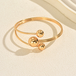 Golden Minimalist Brass Three Round Beads Open Cuff Bangles for Women Daily Wear Jewelry, Golden, Inner Diameter: 2.36 inch(6cm)