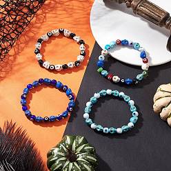 Mixed Color 4Pcs 4 Colors Halloween Dyed Synthetic Turquoise Skull & Lampwork Evil Eye Round Beaded Stretch Bracelet Sets for Women Men, Mixed Color, Inner Diameter: 2-3/8 inch(5.9cm), 1pc/color