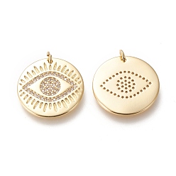 Настоящее золото 18K Латунные микропаве прозрачные подвески с фианитом, с прыжковых колец, плоские круглые с глаз, реальный 18 k позолоченный, 19.5x1.7 мм, Перейти кольцо: 4x0.7 мм, внутренний диаметр: 2.3 мм