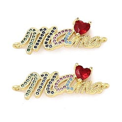 Разноцветный День матери латунные микро-паве кубические цирконии слова любовь сердце мама соединительные подвески, долговечный, без кадмия и без свинца, стойки покрытие, реальный 18 k позолоченный, красочный, 11x31x4 мм, отверстие : 1.2 мм