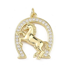 Настоящее золото 18K Латунные микропаве прозрачные подвески с фианитом, подкова с конскими оберегами, реальный 18 k позолоченный, 28.5x22.5x2.5 мм, Перейти кольцо: 5x1 мм, 3 мм внутренним диаметром