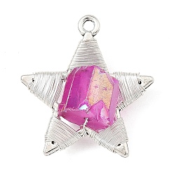 Hot Pink Electroplated Natural Quartz Faceted Copper Wire Wrapped Pendants, Alloy Star Charms, Antique Silver & Silver, Hot Pink, 29x27x11.5mm, Hole: 2mm