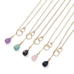 Mixed Stone teardrop, Natural Gemstone Pendants Necklaces, with Brass Linking Rings & Cable Chains, 304 Stainless Steel Lobster Claw Clasps, 17.52~17.72 inch(44.5~45cm), 2mm