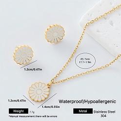 White 304 Stainless Steel Enamel Flower Pendant Necklace & Stud Earrings Set for Women, Golden, White, 450mm, Pendant: 14x12mm