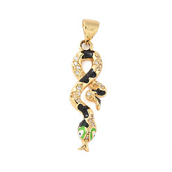 Черный Латунные микропроволочные кубические циркониевые подвески из эмали, змея, реальный 18 k позолоченный, чёрные, 27.5x9x4 мм, отверстие : 4x5 мм