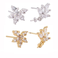 Platinum & Golden 4 Pairs 2 Style Brass Micro Pave Clear Cubic Zirconia Stud Earring Findings, with Cup Pearl Peg Bails, Flower, Platinum & Golden, 15mm, Pin: 0.7mm, 4pairs/box
