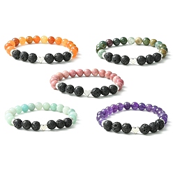Смешанные камни Эластичный браслет из смешанного камня, лавового камня и сплава с сердечками из бисера, внутренний диаметр: 2-1/4 дюйм (5.7 см)