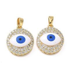 Настоящее золото 18K Латунные микро проложить кубического циркония подвески, с эмалью, плоские круглые с сглаза, реальный 18 k позолоченный, 17x15x6.5 мм, отверстие : 2.5x5 мм