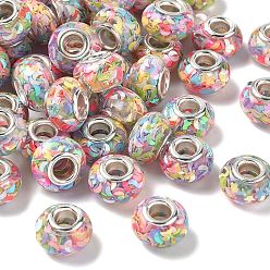 Разноцветный Прозрачные европейские бусины-рондель из смолы, с пайетками и латунными сердечниками платинового тона, бусины с большим отверстием, красочный, 14x8.5 мм, отверстие : 5 мм