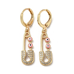 Deep Pink Golden Brass Dangle Leverback Earrings, with Enamel and Cubic Zirconia, Safety Pin with Evil Eye, Deep Pink, 36.5x8mm