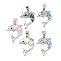 Платина Латунь эмаль подвески, с естественной оболочке, прелести дельфинов, долговечный, стойки покрытие, без свинца и без кадмия, платина, 21x16x3 мм, отверстие : 4.5x3.5 мм