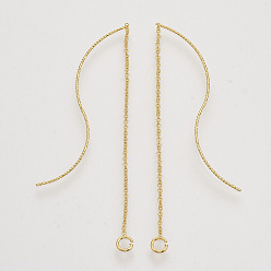 Chapado en Oro Real 18K Hallazgos de aretes de cadena de latón, con bucle, hilos de oreja, sin níquel, real 18 k chapado en oro, 113~115x0.7 mm, agujero: 2.5 mm