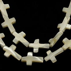 White Natural Sea Shell Beads Strands, Cross, White, 17~19x13~15x4mm, Hole: 1mm, about 21~23pcs/strand, 16 inch/strand