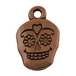 Красная Медь Мексика праздник день мертвого сахарного черепа тибетского стиля сплава металла подвески, для Мексики праздник день мертвых, без свинца, без кадмии и без никеля, Красная медь, 18x12x3 мм, отверстие : 2 мм