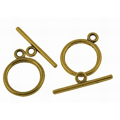 Antique Golden Tibetan Style Toggle Clasps, Lead Free and Cadmium Free, Rondelle, Antique Golden, Size: Ring: about 15mm in diameter, 2mm thick, hole: 2mm, Bar: 21mm long, hole: 2mm