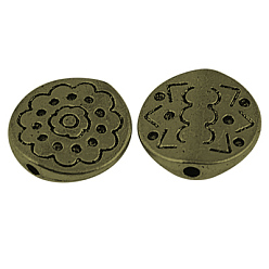 Античная Бронза Сплавочные овальные бусины тибетского стиля , плоские круглые с цветком, без кадмия, без никеля и без свинца, античная бронза, 11x3 мм, отверстие : 1.5 мм