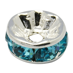 Aquamarine Brass Rhinestone Spacer Beads, Grade AAA, Straight Flange, Nickel Free, Silver Metal Color, Rondelle, Aquamarine, 6x3mm, Hole: 1mm