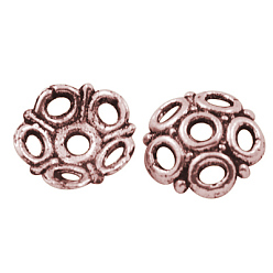 Красная Медь Тибетском стиле сплав шарик крышки, цветок, без кадмия, без никеля и без свинца, Красная медь, 8x2 мм, отверстие : 1.5 мм