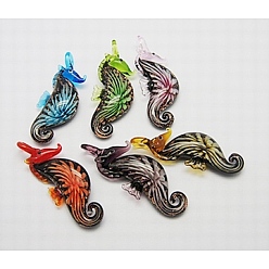 Разноцветный Большие подвески lampwork, со цветками ручной работы внутри , с золотым песком, морской конек, разноцветные, размер: около 24 mm, 64 мм длиной, толщиной 10.5 мм , отверстие : 6 мм
