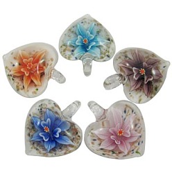 Colorful Handmade Lampwork Pendants, with Inner Flower and Gold Sand, Heart, Mixed Color, Size: about 32mm wide, 38mm long, hole: 5mm
