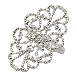 Platinum Brass Ring Components, Adjustable Filigree Ring Components, Lead Free, Platinum Color, Size: Ring: about 17mm inner diameter, Tray: about 20mm wide, 32mm long, 1mm thick