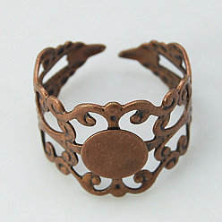 Красная Медь Латунные филигрань кольцо черенки, фурнитура для регулируемого кольца, без свинца, красная медь, Размер: Кольцо: о 17 mm внутреннего диаметра, лоток: 8 mm в диаметре