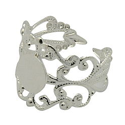 Серебро Латунные филигрань кольцо черенки, фурнитура для регулируемого кольца, без свинца, серебрянный металл, Размер: Кольцо: о 17 mm внутреннего диаметра, лоток: 8 mm в диаметре