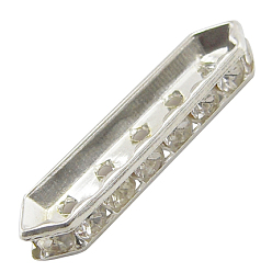Silver Brass Rhinestone Bridge Spacers, Cadmium Free & Lead Free, Grade A, Hexagon, Silver Color Plated, Size: about 9mm wide, 35mm long, 4.5mm thick, hole: 1.7mm