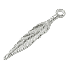 Серебро Сплавочные подвески тибетского стиля, без свинца и без кадмия, перо, серебряные, 29x5 мм, отверстие : 2 мм