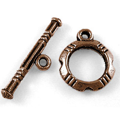 Красная Медь Сплавочные застежка тоггл тибетского стиля, Красная медь, без свинца и без кадмия, кольцо: 14.5x12 мм, бар: 22x5, отверстие : 2 мм