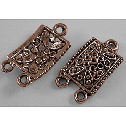 Красная Медь Сплав люстра компонента ссылки тибетском стиле, 3 Разъемы петли, без кадмия, без никеля и без свинца, прямоугольные, Красная медь, 23x12.5x3 мм, отверстие : 2 мм