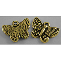 Antique Golden Tibetan Style Alloy Antique Golden Pendants, Lead Free, Cadmium Free and Nickel Free, Butterfly, 13mm long, 17.5mm wide, 2mm thick hole: 2mm