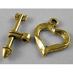 Античное Золото Тибетском стиле сердце Переключить застежками, без свинца и без кадмия, античное золото , 16x13 мм, отверстие : 1 мм